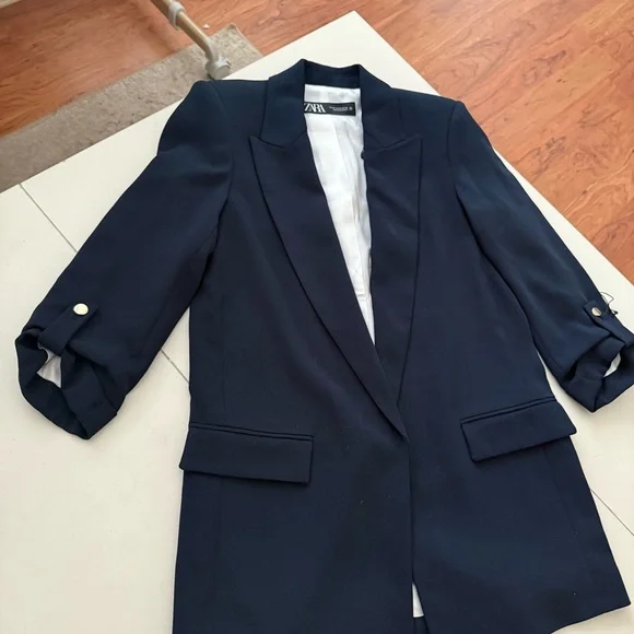 ZARA Navy Blue Open Front Blazer Jacket Preppy Quite Luxury XS Chic Office - Picture 4 of 5